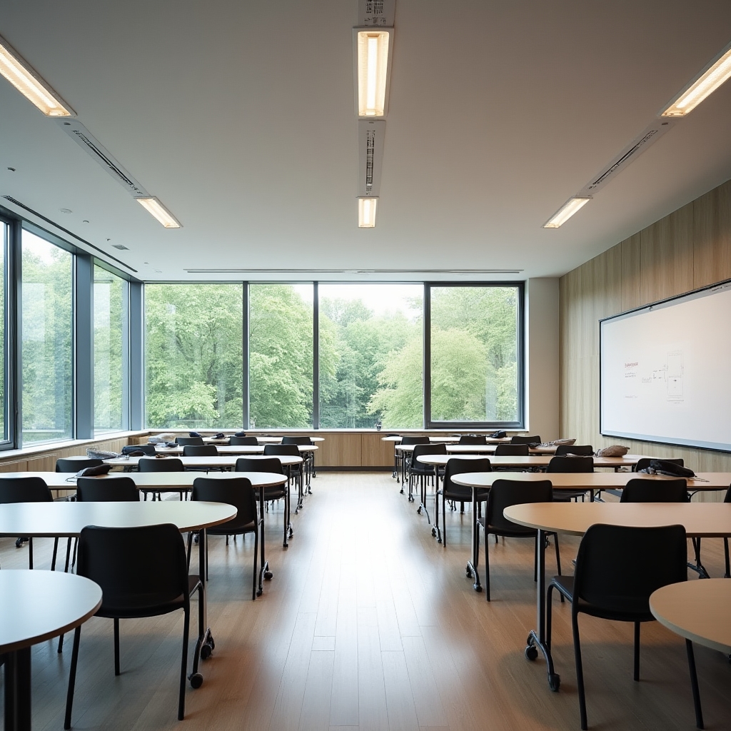 Heller, moderner Seminarraum mit runden Tischen und großen Fenstern in Duisburg