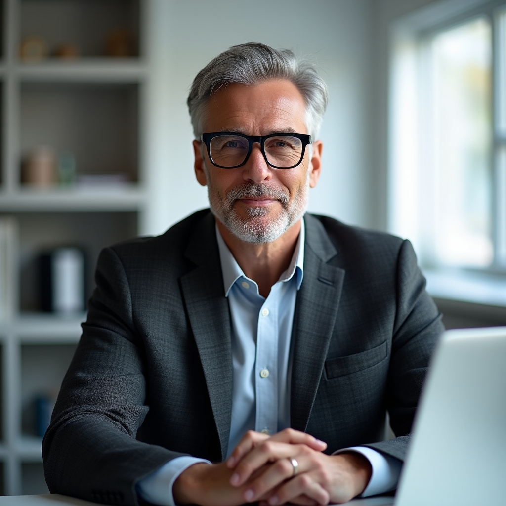 Portrait eines Trainers mittleren Alters mit Brille, sitzend an einem Schreibtisch mit Laptop