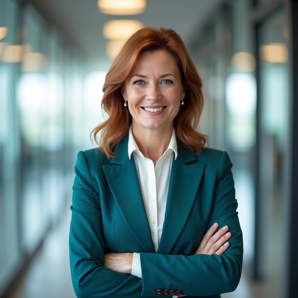Portrait einer Kursleiterin mittleren Alters in einem Büro, freundlich und aufmerksam blickend